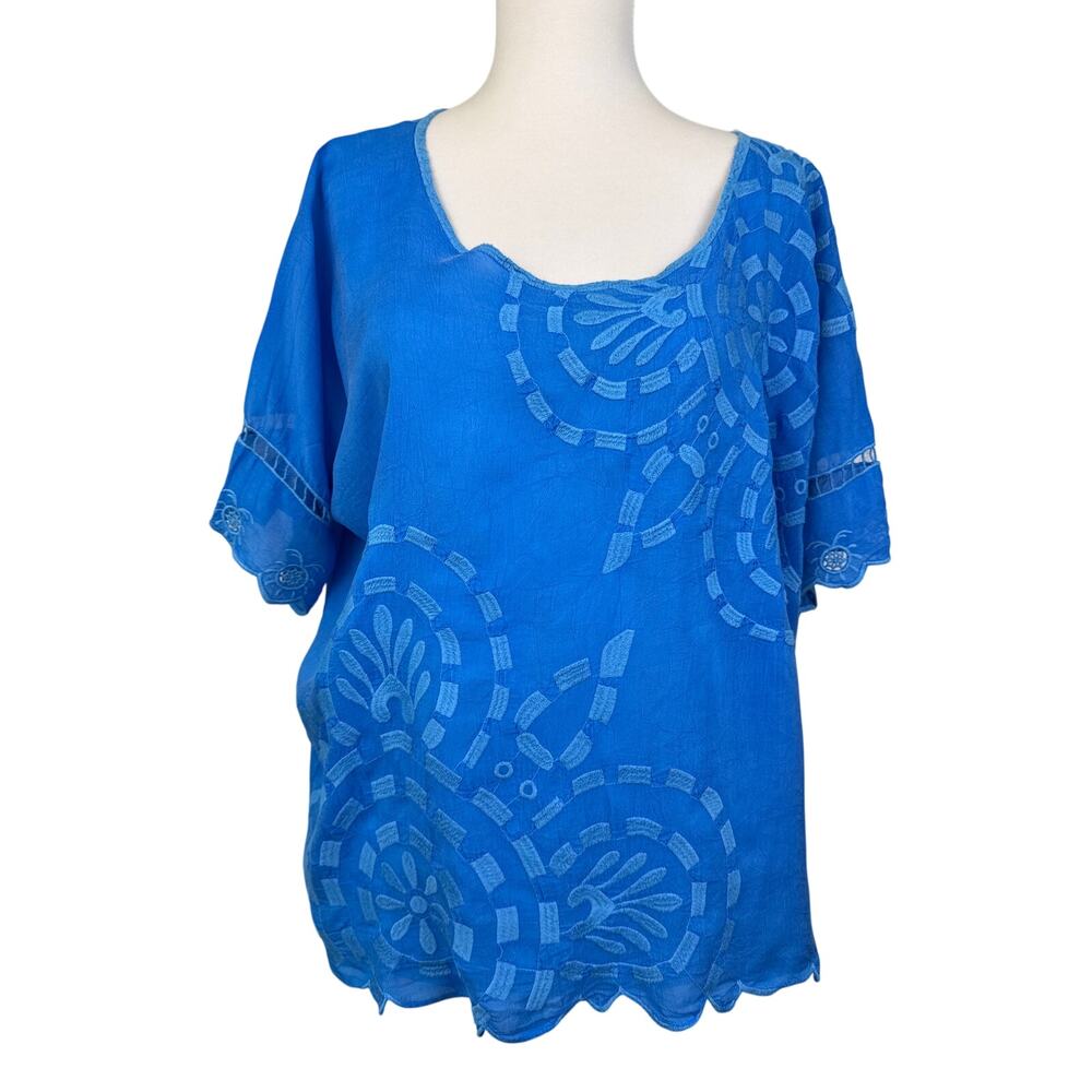 Johnny Was Embroidered Tunic Top XS Blue Boho Scallop Hem Oversized